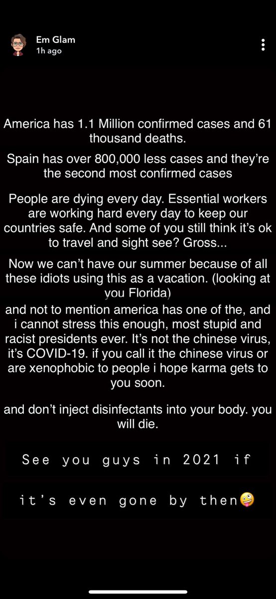 katarinaGLAM's tweet photo. Coming atcha straight from my 12 year old’s Snapchat. She’s the best. If she gets it why can’t the asshats out there get it?!?!? #CoronavirusOutbreak #COVID19 #QuarantineLife #StayHome #StayHomeSaveLives https://t.co/7izFCP0Bvf