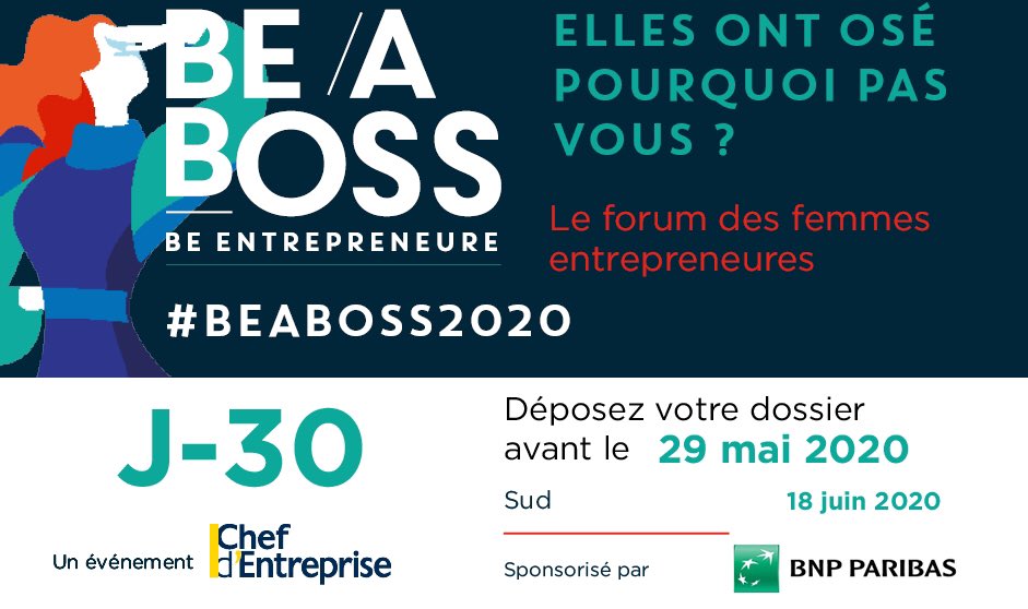 📣J-23 pour déposer votre candidature pour Be a boss Sud 
---> Candidatures avant le 29 mai 2020 sur bit.ly/36d2EbH
🗓️RDV le 18 juin à <a href="/LaCoqueNumeriq/">LA COQUE</a>  à Marseille
--> Programme et inscription : bit.ly/2SyBOXF 
#Beaboss_2020 #ConnectHers