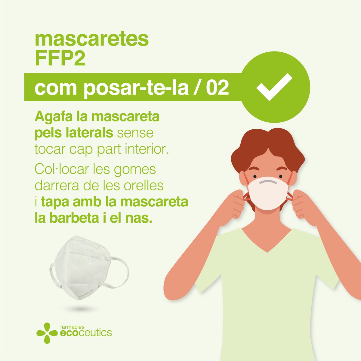 ecoceutics's tweet photo. 🤔 Ja saps com posar-te la #mascareta correctament perquè sigui el més eficaç possible? Segueix les instruccions d'ús! 👇 
👉 Recorda que a les farmàcies Ecoceutics tenim un preu fix de venda de 5,95€ per #mascaretaFFP2. https://t.co/iAtcqOs7WQ