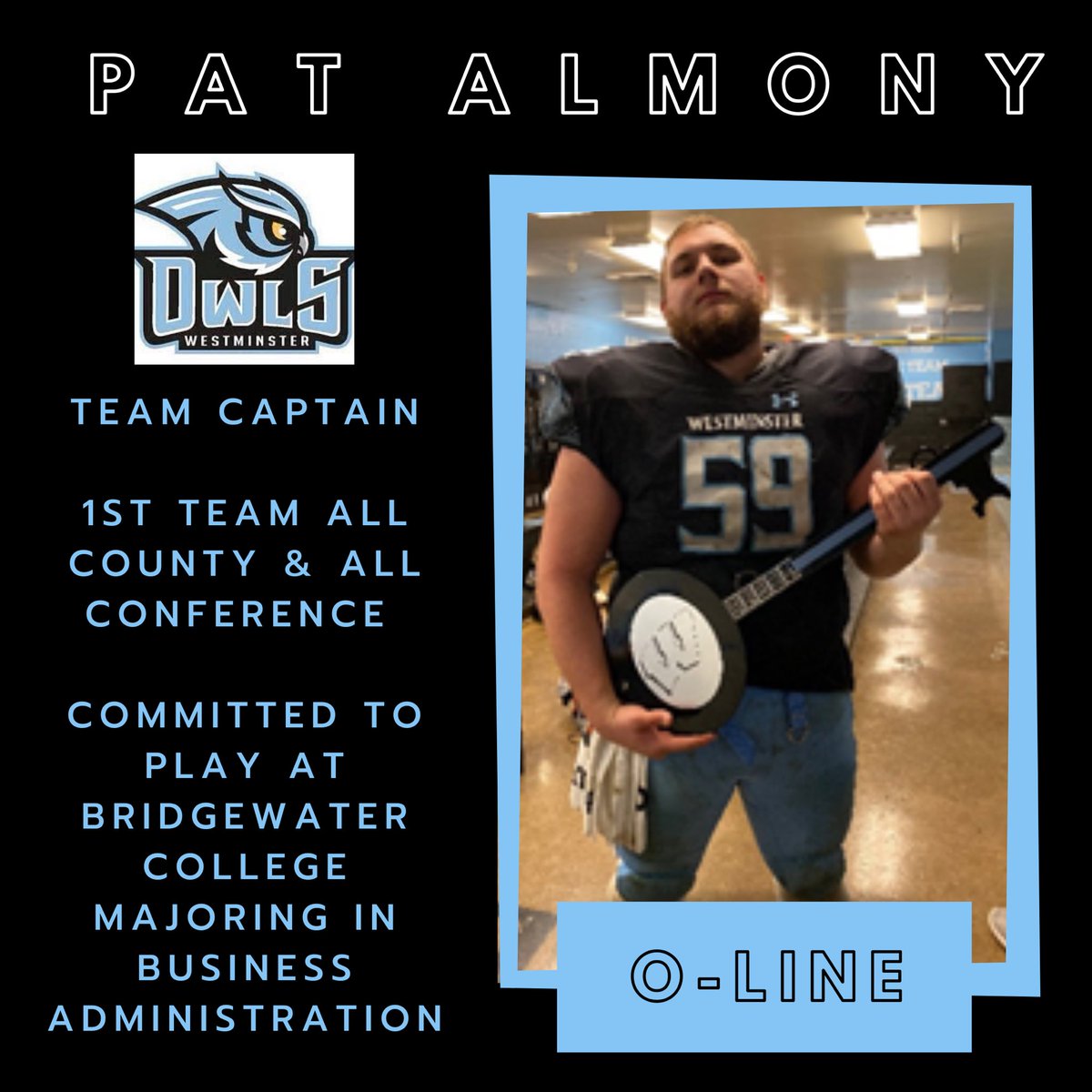 We start our Senior of the Day with one of captains and the leader of our o-line Pat Almony. Pat will be playing next year <a href="/BH2OFootball/">Bridgewater Football</a>. He is an awesome young man and was a joy to coach. Congrats Pat!!