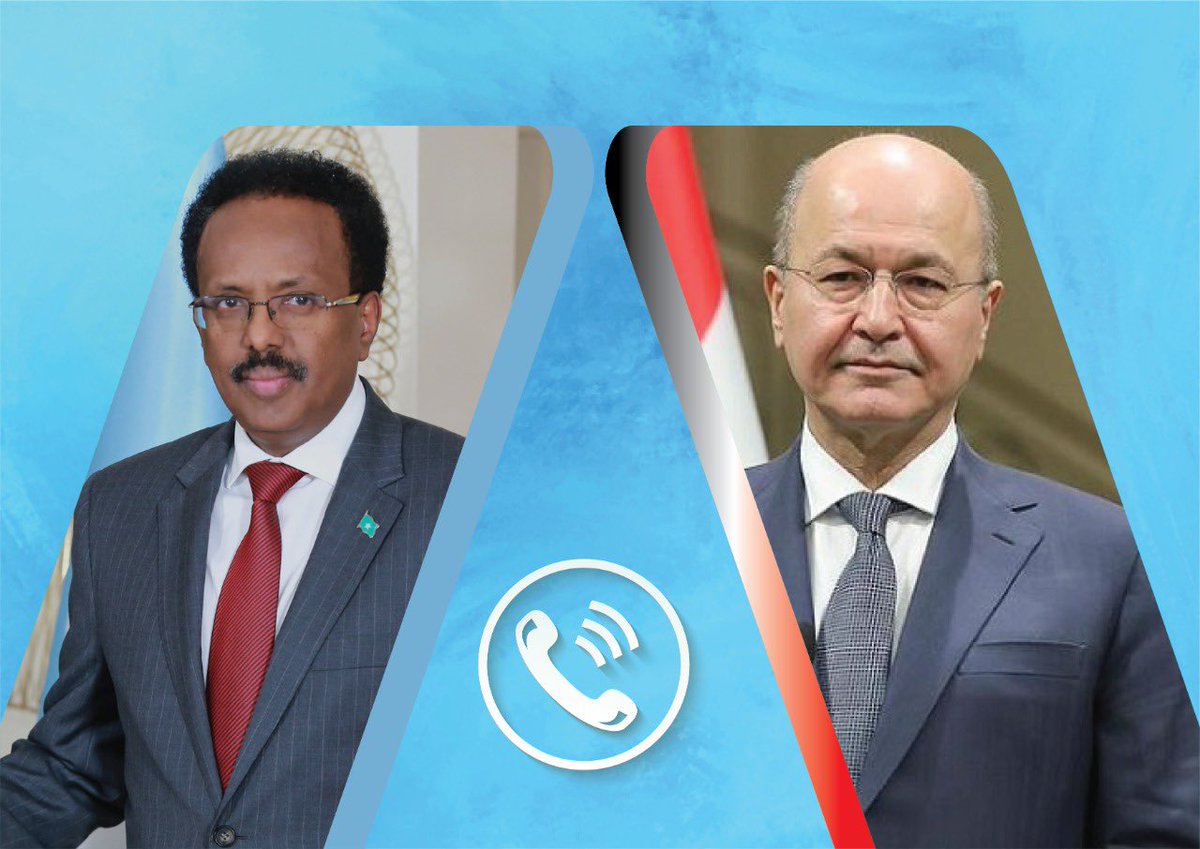 M_Farmaajo's tweet photo. Waxaan khadka telefoonka ku wada hadalnay Madaxweynaha dalka Ciraaq walalakay Barham Saalix. Waxaan ka wada hadalnay xoojinta xiriirka labada dal, dagaalka aan kula jirno ka hortagga COVID19 iyo in 2da dal ay yeeshaan khibrad is dhaafsi ku saabsan ciribtirka fikirka xagjirka ah. https://t.co/EDZxV3AlFY