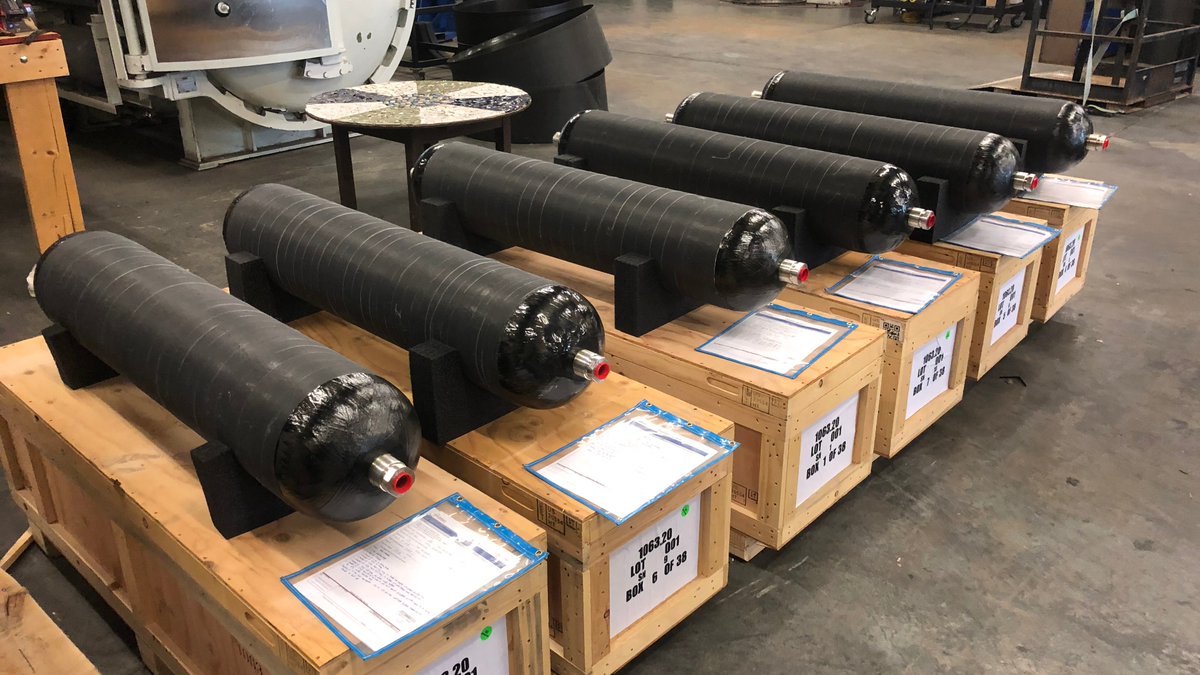 Cimarron_Comp's tweet photo. Cimarron has wound the six qualification units for the @northropgrumman  #OmegArocket RCS Main COPV.  Three will be pressurized until burst, two cycled and one will be used for vibe testing. https://t.co/fqTw2XEGpY