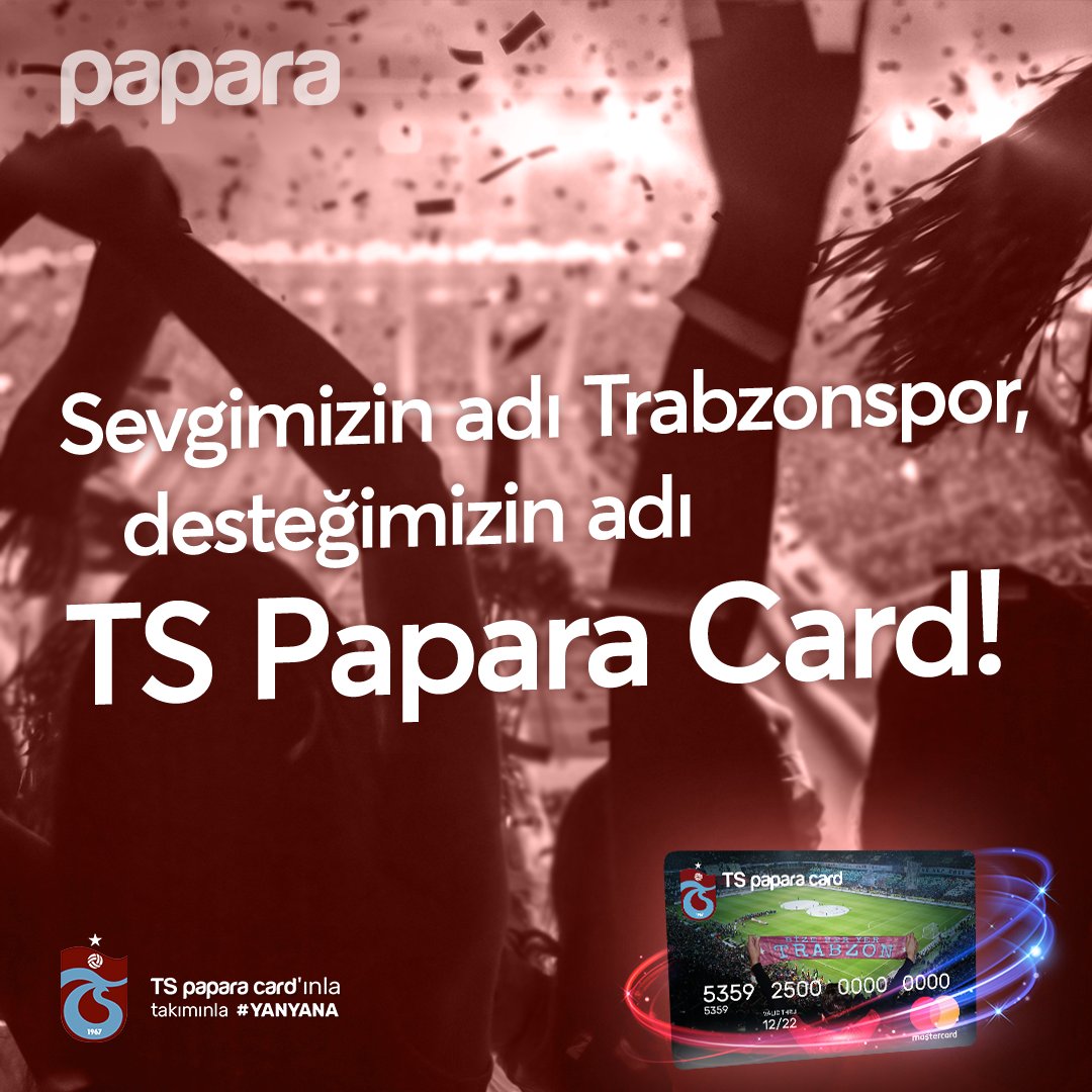 Trabzonspor's tweet photo. Bu sevgi değişmez, desteğimiz hiç eksilmez diyorsan sen de şimdi TS Papara Card’lı ol, takımına desteğini eksik etme! Detaylı bilgi Papara uygulaması ve https://t.co/LixV2GrGbz’da💪
#Papara #TSPaparaCard https://t.co/UctveFqRlW
