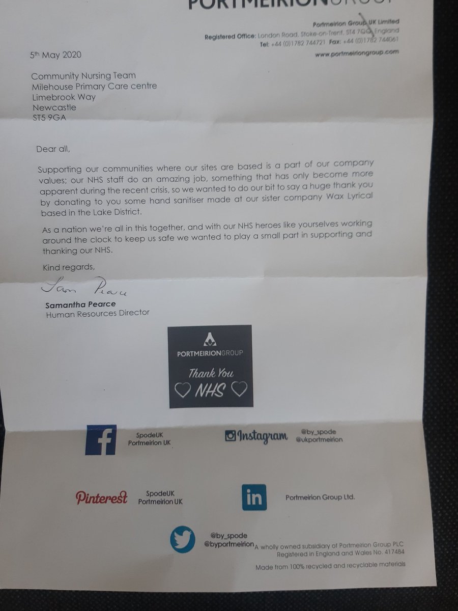 Received a very kind donation of 50 handgels to our Community Team in Newcastle Central from Wax Lyrical! Spoke to a lovely lady in HR who expressed her gratitude to all what the <a href="/mpftnhs/">Midlands Partnership University NHS FT</a> are doing during this challenging time.Thank you very much <a href="/byportmeirion/">Portmeirion UK</a>