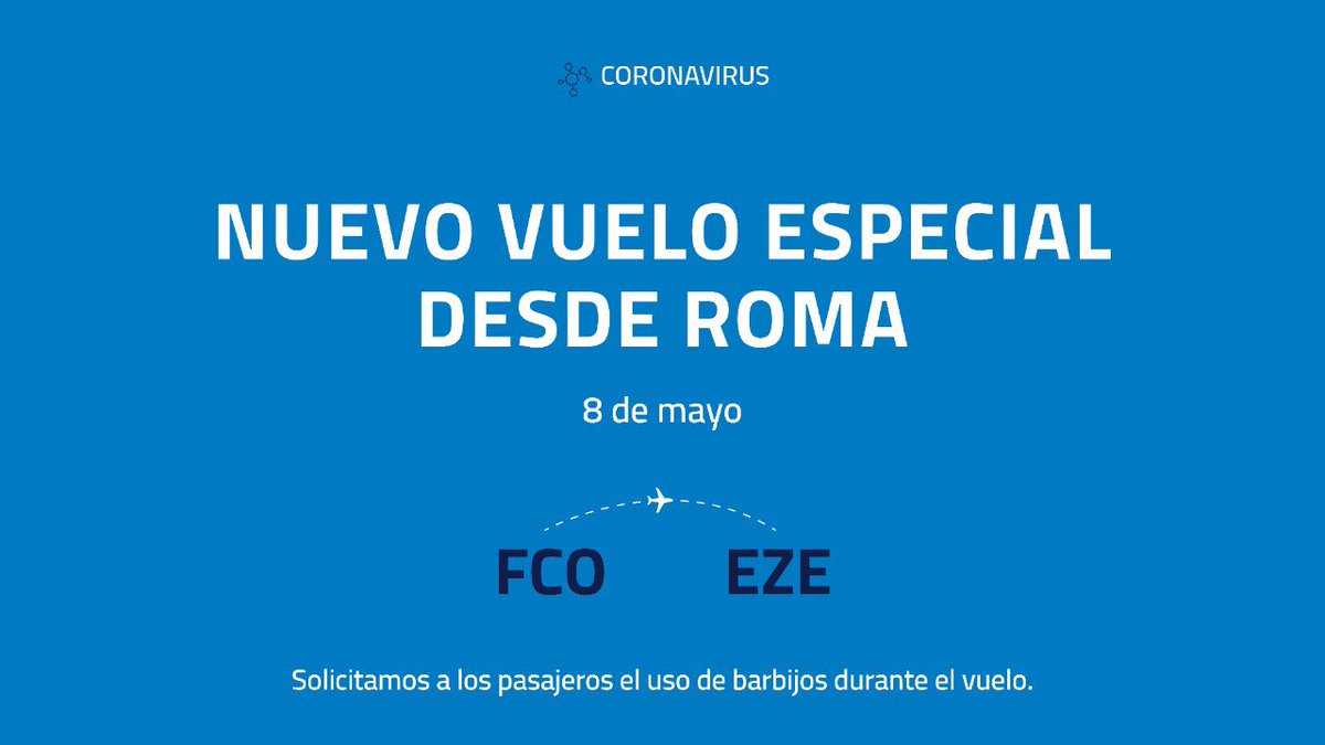 Vuelo especial 👉🏼 Roma 8/5. La compra de pasajes estará habilitada para los casos prioritarios indicados por el Consulado Argentino. Además el vuelo de ida, trasladará 100 ciudadanos italianos, número de asientos permitidos para esta operación. #AerolineaDeBandera #Coronavirus