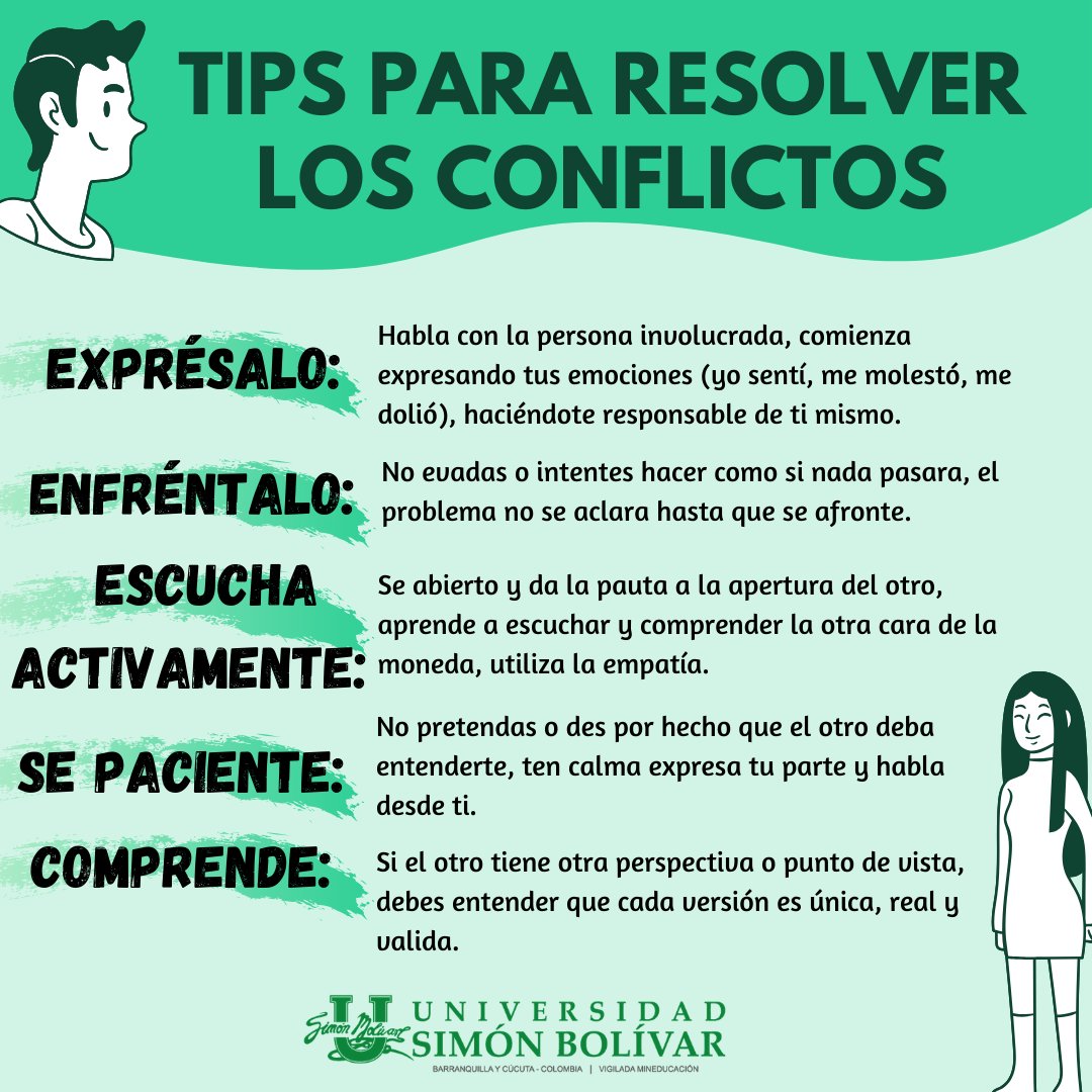 unisimoncucut's tweet photo. #UnisimónEnCasa | Hoy en #Educatips de Bienestar Universitario, 𝘁𝗶𝗽𝘀 𝗽𝗮𝗿𝗮 𝗿𝗲𝘀𝗼𝗹𝘃𝗲𝗿 𝗰𝗼𝗻𝗳𝗹𝗶𝗰𝘁𝗼𝘀. Recuerda que estamos en este mundo para convivir en armonía. 🙌 #SomosUnisimón #EstamosContigo https://t.co/9do5brf7nJ