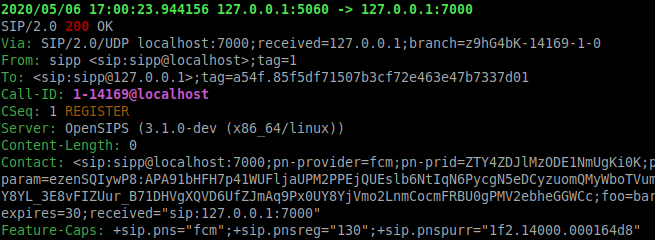liviuchircu's tweet image. Below is the 1st ever, #open_source, fully #RFC 8599 compliant, successful SIP REGISTER with #opensips.

Fun fact: the &quot;+sip.pnspurr&quot; tag is the hex-encoded version of the usrloc unique Contact ID.  Fortunately, we had that part already done!

TODO: a few more PN tests and ship!