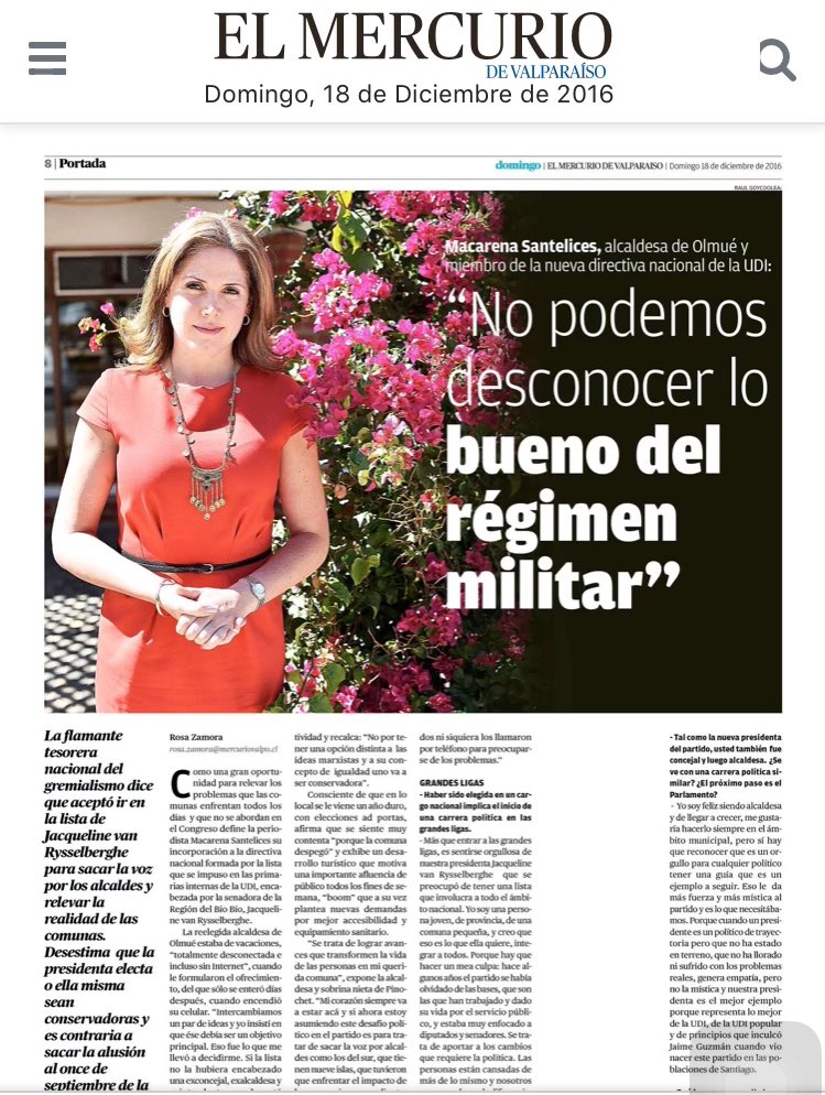 How the ghost of Pinochet still haunts Chile. Controversy is never far away when such ministers get appointed. This is the new Minister of Women and Gender Equality Macarena Santelices, grandniece of the dictator. #NoTenemosMinistra became trending immediately.