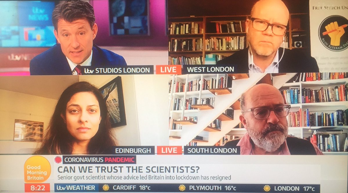 BCredibility's tweet photo. A private war rages to the right. Toby Young and John Sweeney trade blows but poor Toby is overmatched. Though his bookcase is strong there aren't many that can face down a bookcase with stairs. John probably has oompa loompas up there cleaning it. Devi Sridhar steers clear. https://t.co/pLu3HMjxv1