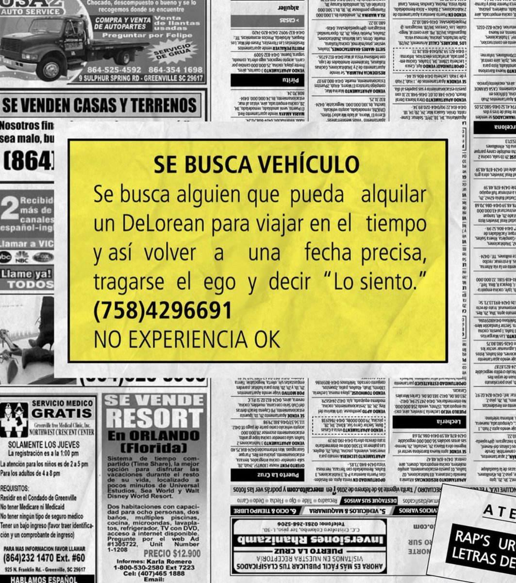 fulbitoymas's tweet photo. “Se busca alguien que pueda alquilar un DeLorean para viajar en el tiempo y así volver a una fecha preciosa, tragarse el ego y decir 'lo siento'”. https://t.co/MObQHwnJPX