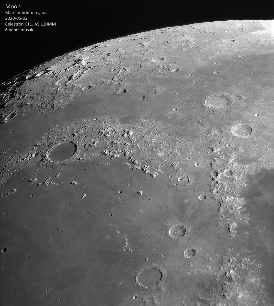 KevinAstrokev's tweet photo. Following my last 2 posts, these images are mosaics showing wider-angle views of the #Imbrium basin region and the southern highlands, taken on Saturday evening.
#thephotoshop
#astrophotography https://t.co/r2wJy16w32