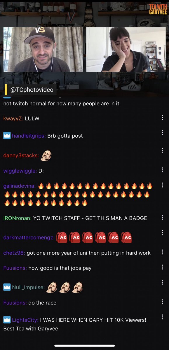 GingerBeloved's tweet photo. 1st day on Twitch, watching #TeaWithGary @garyvee and I honestly needed this laugh right here.  

“I want to punch your job in the face”.  🤣😭😭 https://t.co/w43hdEIHGB