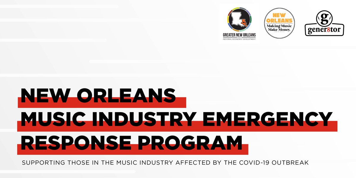 gener8tor's tweet image. gener8tor &amp;amp; partner @GNOinc are thrilled to bring the free Emergency Response Program to New Orleans musician &amp;amp; music industry members affected by COVID-19. Multiple webinars, 1-on-1 virtual consultations and a list of resources. Sign up today: gener8tor.com/emergency-resp…