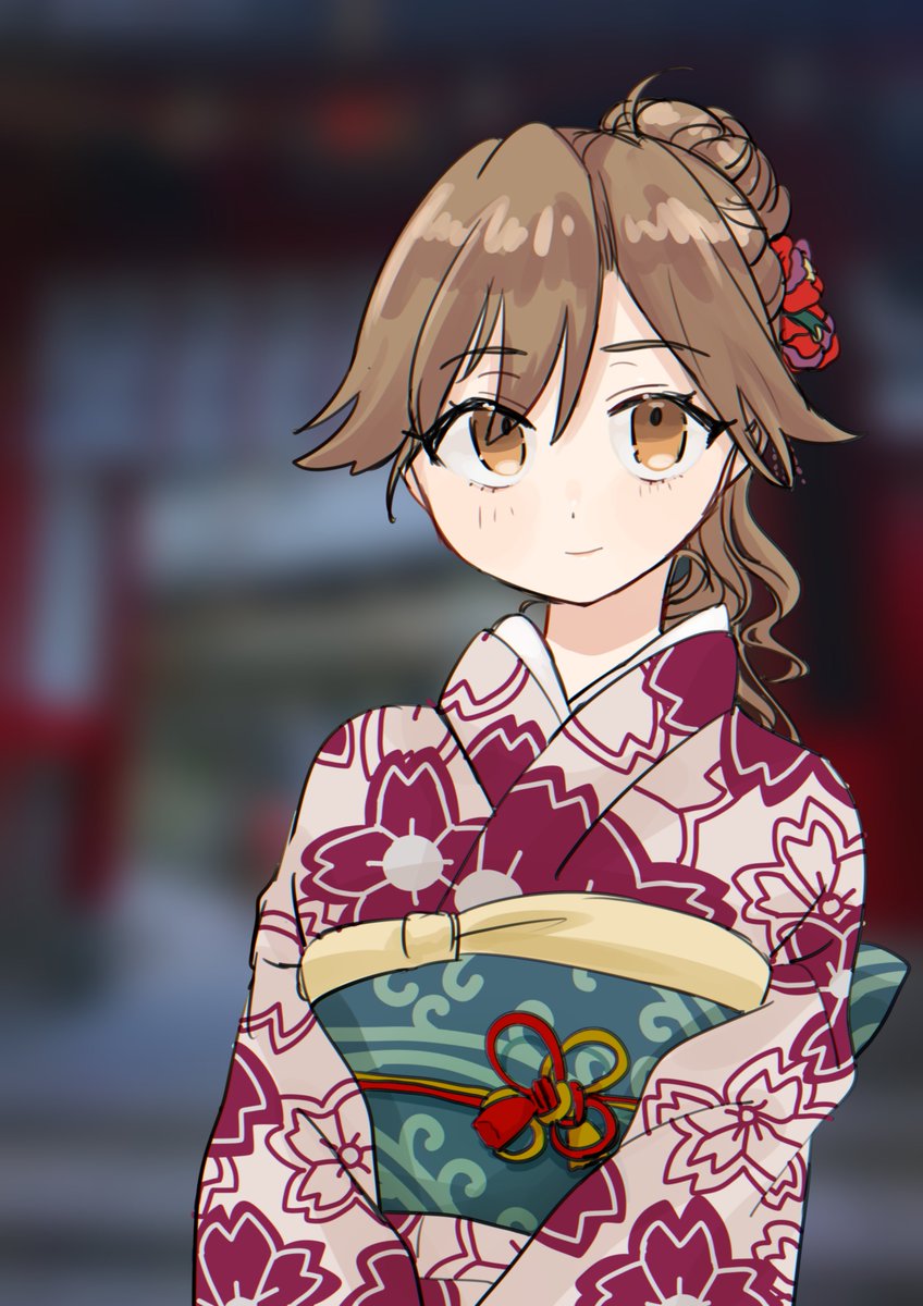 arashio (kancolle) 1girl japanese clothes solo kimono brown hair brown eyes alternate hairstyle  illustration images