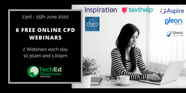 TechEdology's tweet photo. Our #CPD Fest returns 23-25th June, bringing you 6 Online #AT #Training #Webinars for those interested in #AssistiveTech and #Edtech for #FE & #HE
Programme includes presentations by @texthelp @aspiresoftltd @ClaroSoftware @Sonocent @Ghotit
Sign up https://t.co/InJup3dHaX https://t.co/tmuokInTnc