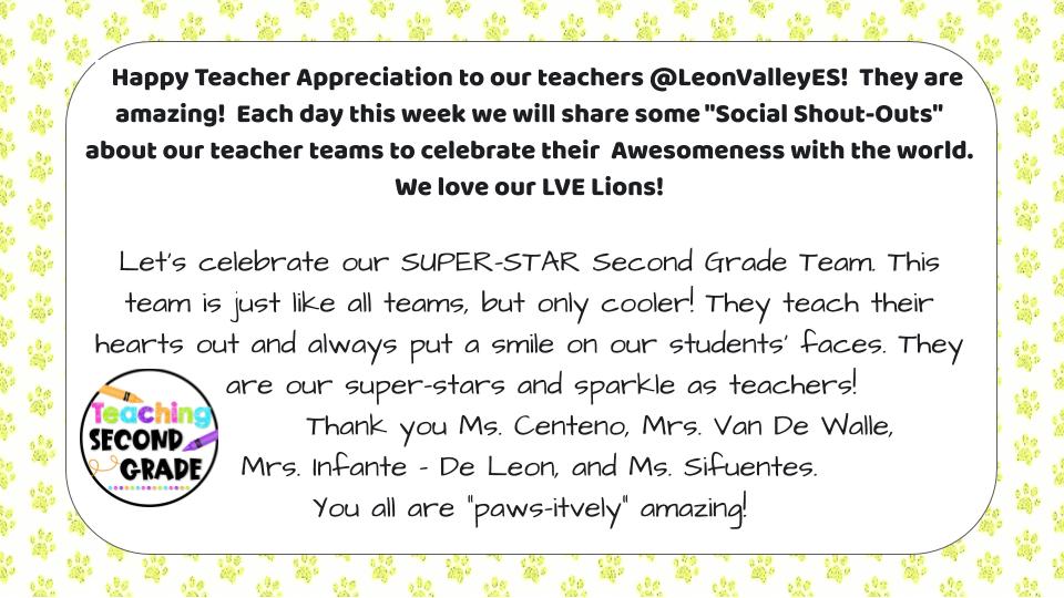 Husky_Principal's tweet photo. Day 3 - Happy Teacher Appreciation to our teachers @LeonValleyES! They are amazing! Each day this week we will share some "Social Shout-Outs" about our teacher teams to celebrate their Awesomeness with the world. #LVEBeLegendary #TeacherAppreciationWeek2020
@NISDLeonValley https://t.co/2JaA8Y6aTY