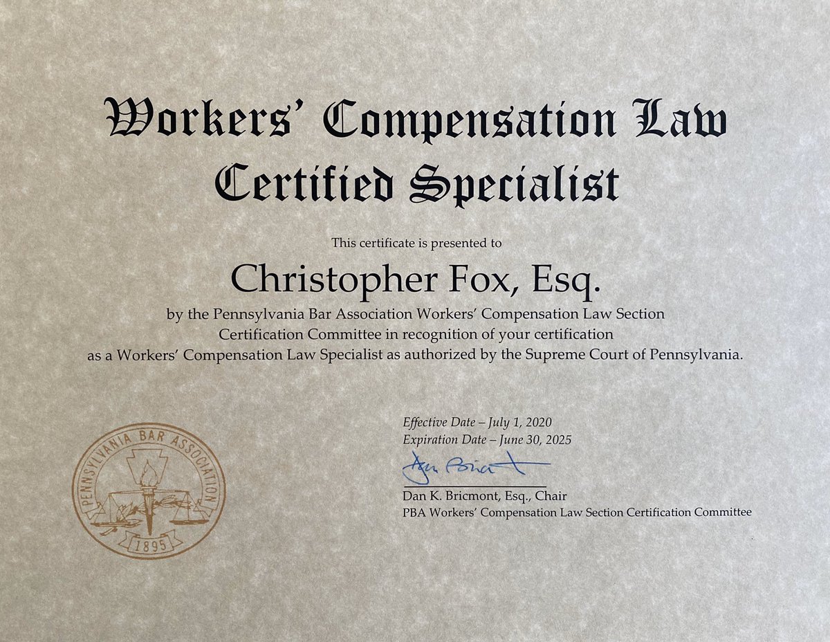 PAWorkCompAtty's tweet image. Officially recertified as a PA Work Comp specialist through 6/30/25.  If hurt at work call me at (610)213-2826.  @pabarassn @SupremeCtofPA @PALaborIndustry @PennStateAlums @TempleLaw @Gross_KennyLLP #wcspecialist #paworkcomp #cmfoxesq