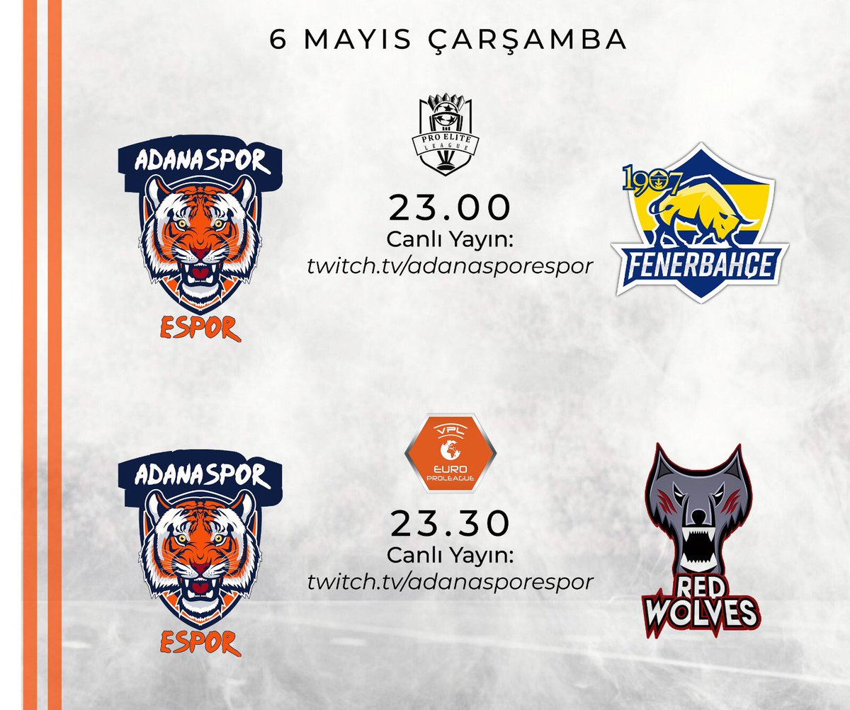 [📌] #AdanasporEspor takımımız, bu akşam PEL'de 1907 #Fenerbahçe Espor saat 23:00'da karşılaşacağız. Sonrasında ise Vpl Avrupa Ligi'nde 2. Tur için 23.30'da grubun son maçında Red Wolves ile karşılaşacağız. #ADANASPOR 🟠⚪️