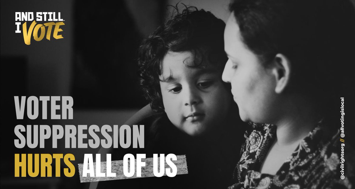 Graphic reads "voter suppression hurts all of us" and shows two people who appear to be mother and child.