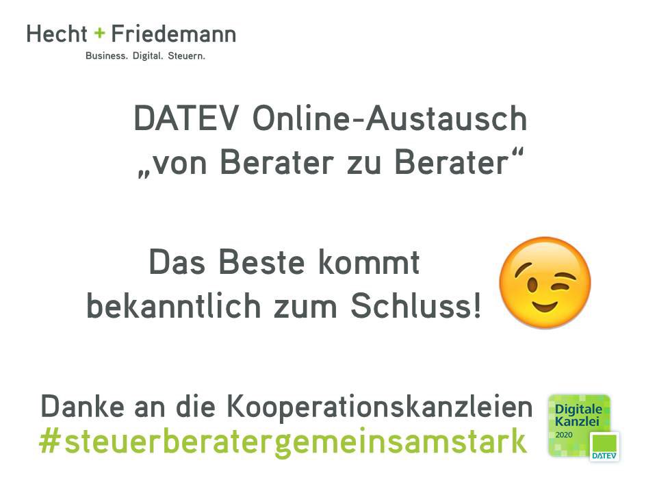 Was es heißt in der #Corona-Krise noch näher zusammenzurücken, haben die #DATEV #Kooperationskanzleien in den letzten Wochen bewiesen. 💪🏼⠀
⠀
Heute fand der letzte Online-Austausch „von Berater zu Berater“ statt. 8 Termine + 100 Teilnehmer= #steuerberatergemeinsamstark