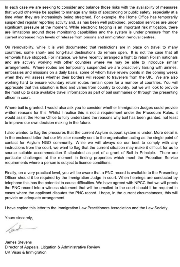 On 29 April 2020, the Home Office sent this letter to the President of the First-Tier Tribunal, Immigration and Asylum Chamber. This is the senior judge responsible for overseeing immigration and asylum cases in the First-Tier Tribunal.