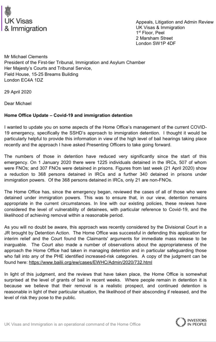 On 29 April 2020, the Home Office sent this letter to the President of the First-Tier Tribunal, Immigration and Asylum Chamber. This is the senior judge responsible for overseeing immigration and asylum cases in the First-Tier Tribunal.