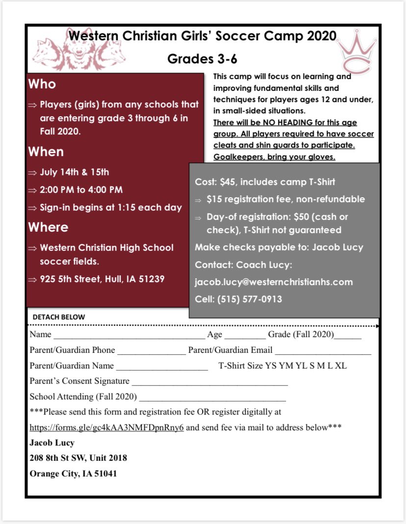 Future Wolfpack Girls’ Soccer players going into grades 3-6: 

July 14th and 15th is our 2020 Wolfpack Soccer Camp!