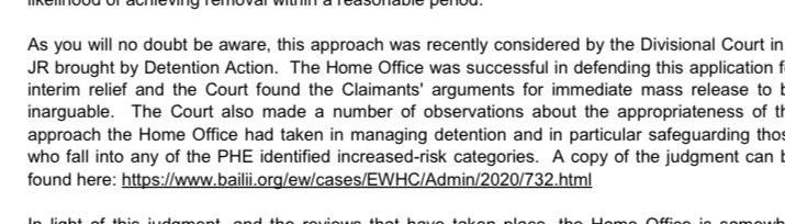 But then it gets odd. The Home Office feels the need to remind the judge - the most senior immigration judge - of its recent success in the High Court, where an attempt to secure mass release on bail of all detainees was unsuccessful.And to send the judge a link to the judgment