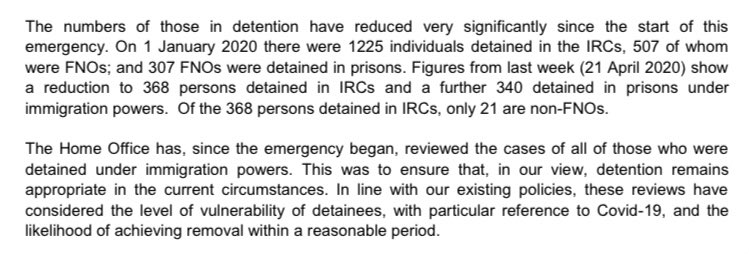 It starts by stating that the Home Office has reduced the number of people detained, and has reviewed all cases to ensure that, in the Home Office’s view, detention remains appropriate. These are things you’d think a senior immigration judge might already know, but fine.