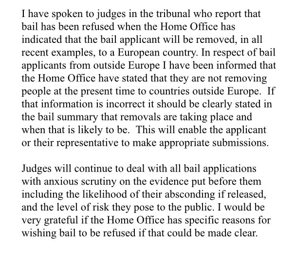 The judge politely reminds the Home Office of what the law and the bail guidance (linked above) says. He then addresses (although he should not have to) the substance of the complaint: