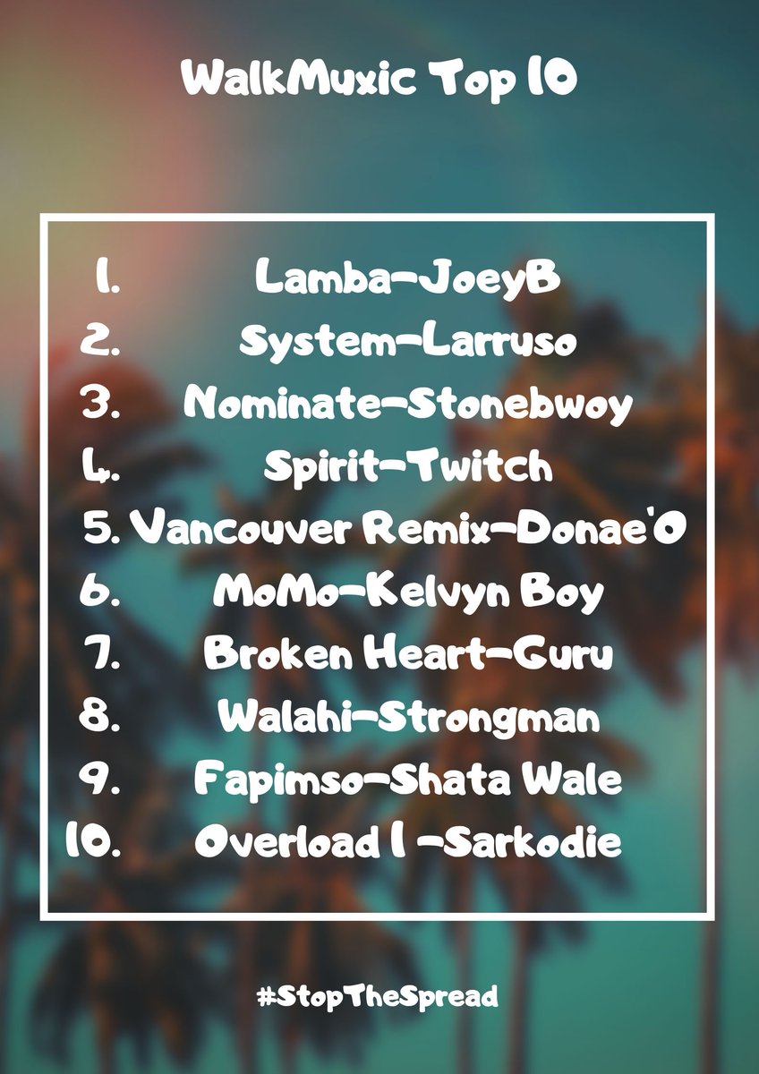 WALKMUXIC INC 🕴 (@walkmuxicinc) on Twitter photo Check Out Fans Favorite Top 10 songs for the week
and <a href="/1RealJoeyB/">Joey B</a> leading the chart, <a href="/Larruso_/">HOLY 💼📡</a> @stonebwoyb <a href="/twitch4eva/">4EVA</a> <a href="/donaeo/">Donae'O 🇬🇧🇬🇾🇬🇭</a> <a href="/kelvynboymusic_/">Trendiest 💫</a> <a href="/gurunkz/">GURU NKZ</a> <a href="/StrongmanBurner/">Strongman Burner</a> <a href="/shattawalegh/">SHATTA WALE</a> <a href="/sarkodie/">Sarkodie</a> #WalkMuxicTop10 Check Out Fans Favorite Top 10 songs for the week
and <a href="/1RealJoeyB/">Joey B</a> leading the chart, <a href="/Larruso_/">HOLY 💼📡</a> @stonebwoyb <a href="/twitch4eva/">4EVA</a> <a href="/donaeo/">Donae'O 🇬🇧🇬🇾🇬🇭</a> <a href="/kelvynboymusic_/">Trendiest 💫</a> <a href="/gurunkz/">GURU NKZ</a> <a href="/StrongmanBurner/">Strongman Burner</a> <a href="/shattawalegh/">SHATTA WALE</a> <a href="/sarkodie/">Sarkodie</a> #WalkMuxicTop10