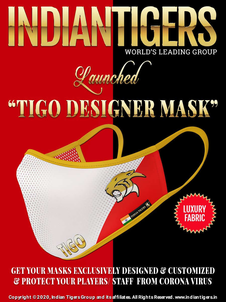 IndianTigers1's tweet photo. Bored of wearing stereotype &amp; ugly masks? Bring colors &amp; life to most imp accessory of these times. Get your mask customized &amp; protect your players/ staff from #coronavirus  "TIGO Designer Mask" made of luxury washable fabric. Welcome to the Future!
#Corona #StayHome #Covid_19 https://t.co/deOAhRiQlx