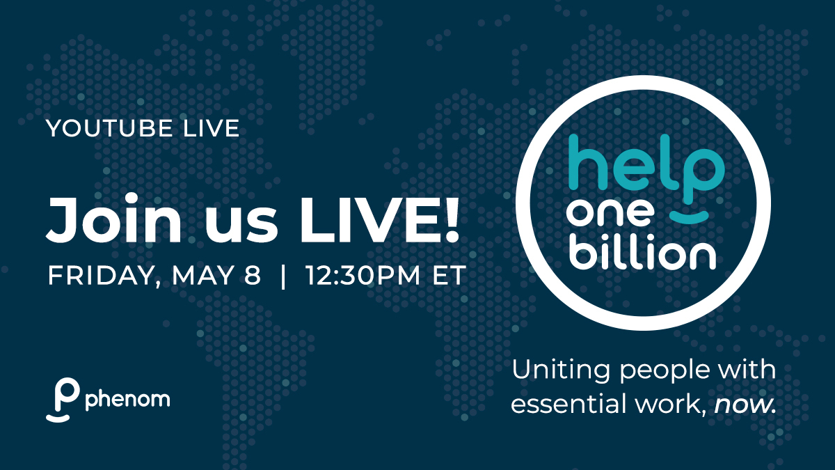 PhenomTXM's tweet photo. Tune in live this Friday, May 8 at 12:30pm ET on our YouTube channel. We’ll share the story behind HelpOneBillion, as well as how you and your team can get involved and help people find the right job. https://t.co/doqtZHjvUr
#HelpOneBillion https://t.co/XpVPFiB0O0