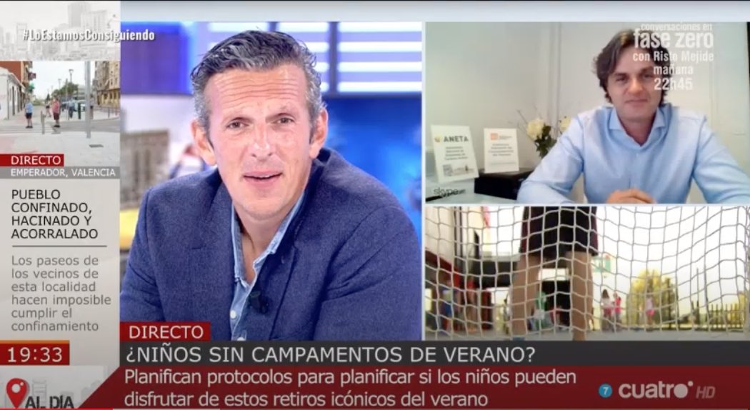 aneacamp's tweet photo. Gracias al programa @cuatroaldia por tratar nuestra actividad de #campamentos este verano. Y a Oscar Santos, Presidente de @AsociacionANETA y miembro del grupo de trabajo del Colectivo donde explica las medidas ideales para la realización de los mismos.🏕️👉https://t.co/UHvPmG4N39 https://t.co/J4ROm2RDhq
