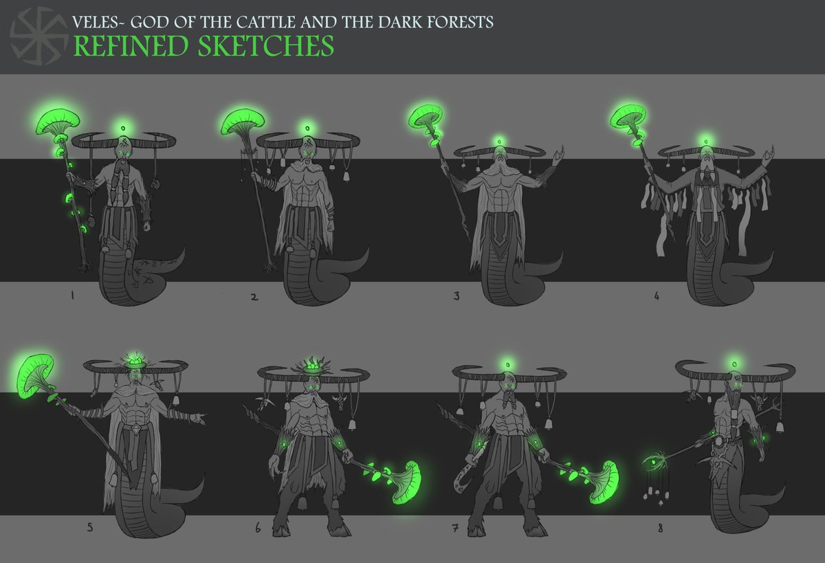 ReneKovacArt's tweet photo. Some refined sketches of Veles- Slavic God of the Cattle and the Dark Forests ππΏπππ
Which design is your favourite? πππΏ
#art #characterart #conceptart #characterconceptart #fantasy #fantasyart #fantasycharacter #charactervariations #characterdevelopment #characterdesign https://t.co/qiEwuqTFdg