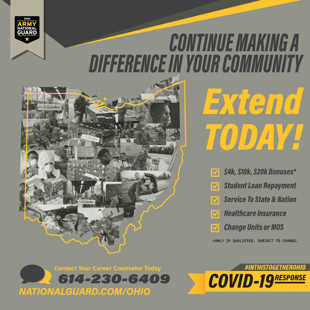 OHNationalGuard's tweet photo. Now, more than ever, the Guard is making a difference! If your ETS is before Sept. 30, 2020, you may qualify for the $10K or $20K lump-sum bonus; Soldiers within 12 months of ETS also have many reasons to #StayGuard. Call or text your MSC Career Counselor today! #iguardohio https://t.co/JZofGEITEV