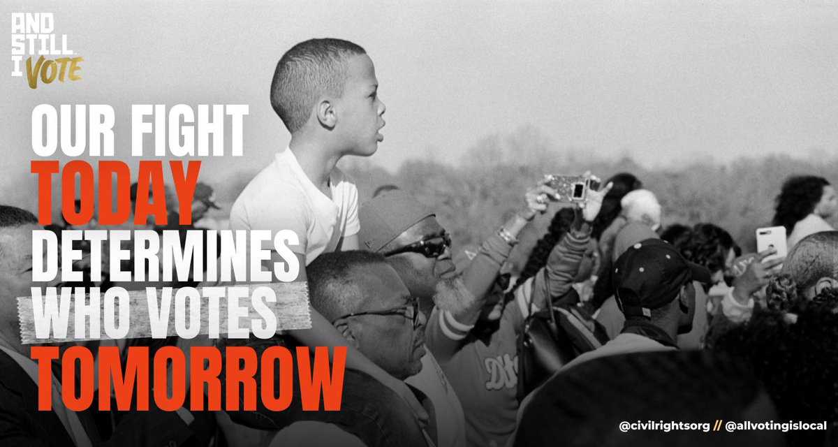 Graphic reads "Our fight today determines who votes tomorrow" and shows a young boy sitting on a man's shoulders.