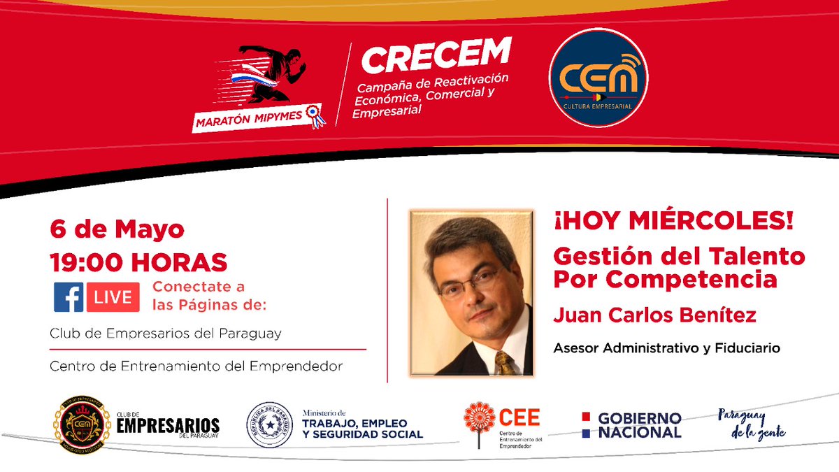 CEE_Paraguay's tweet photo. ¡HOY MIÉRCOLES! Gestión de Talento Por Competencia.
👥 Invitados:
👨🔧 Bloque para Emprendedores.
✅ Diego Oviedo
👨🏫 Bloque Educativo:
✅ Juan Carlos Benítez.
🎥🔴 Transmisión en vivo 19:00hs. desde: https://t.co/zWNBybwXxv
#CEE #MTESS #crecem #QuedateEnCasaPy https://t.co/CjJxLfOYj2