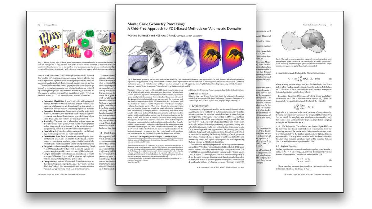 Very excited to share  #SIGGRAPH2020 paper w/  @rohansawhney1 on "Monte Carlo Geometry Processing" http://www.cs.cmu.edu/~kmcrane/Projects/MonteCarloGeometryProcessing/index.htmlWe reimagine geometric algorithms without mesh generation or linear solves. Basically "ray tracing for geometry"—and that analogy goes pretty deep (1/n)