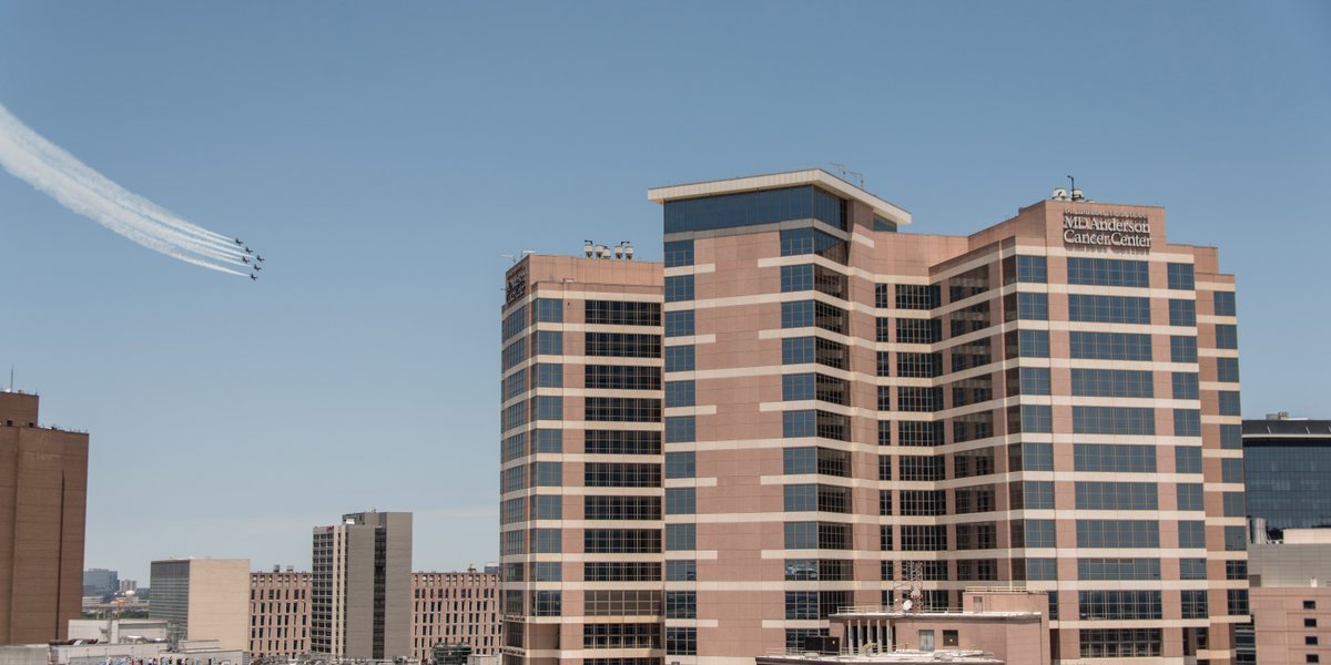 UTMDAnderson's tweet photo. Today, as a salute to frontline #COVID19 responders, the @BlueAngels flew over the @TXMedCenter. It was an unforgettable moment full of gratitude for all of our #healthcareheroes. #endcancer https://t.co/PBf4gYQet2