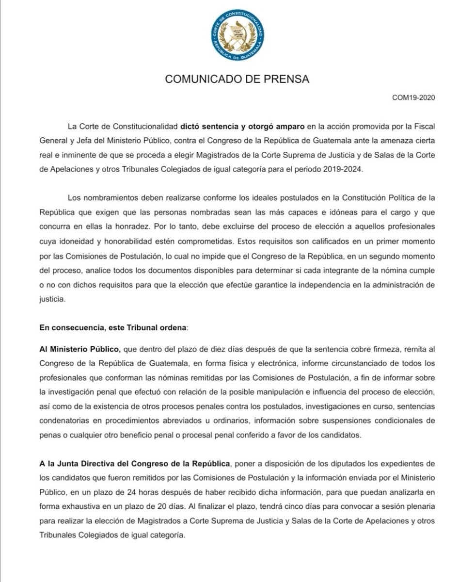guatevisible's tweet photo. #PostuladoraVisible
Comunicado de la @CC_Guatemala  en el tema de la Elección de Magistrados para CSJ y CA, otorga el amparo solicitado por la Fiscal General
#CSJIntachable
#SalasIntachables https://t.co/BCnb8kObvi