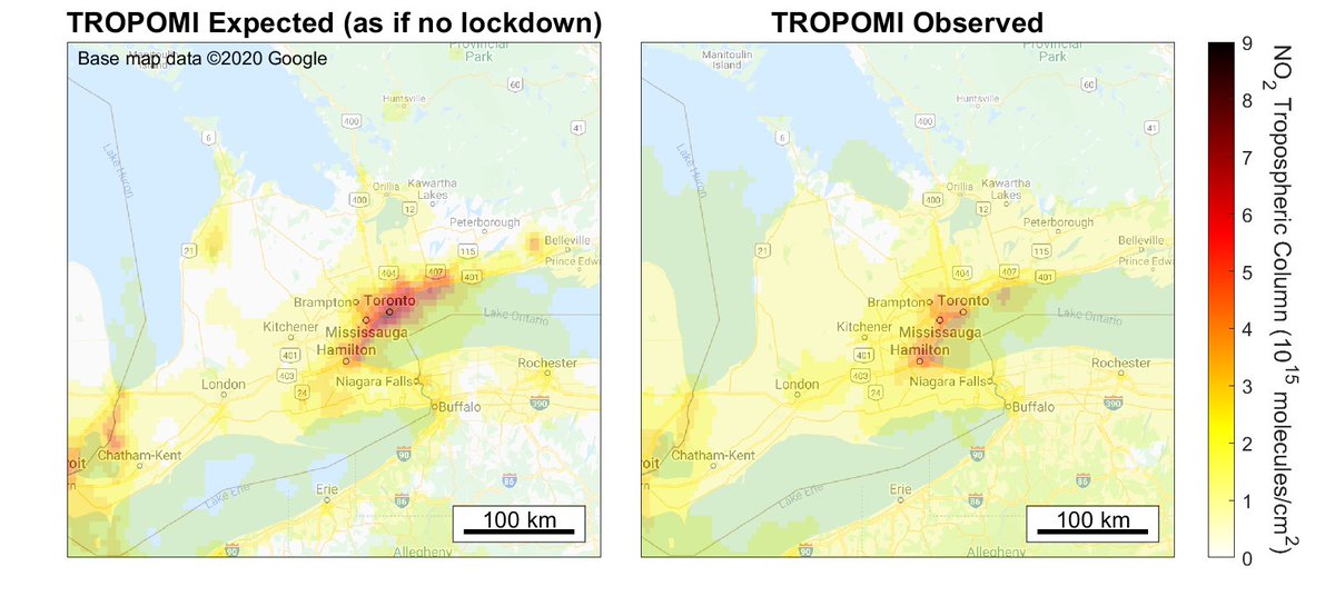 Expected and observed post-lockdown levels of nitrogen dioxide (NO2)  #airquality over Canadian locations using the <a href="/esa/">European Space Agency</a> European Space Agency <a href="/tropomi/">TROPOMI</a> satellite instrument for the period Mar 16 to Apr 30 from Environment and Climate Change Canada <a href="/ECCCSciTech/">ECCC SciTech</a>.
S. Ontario: