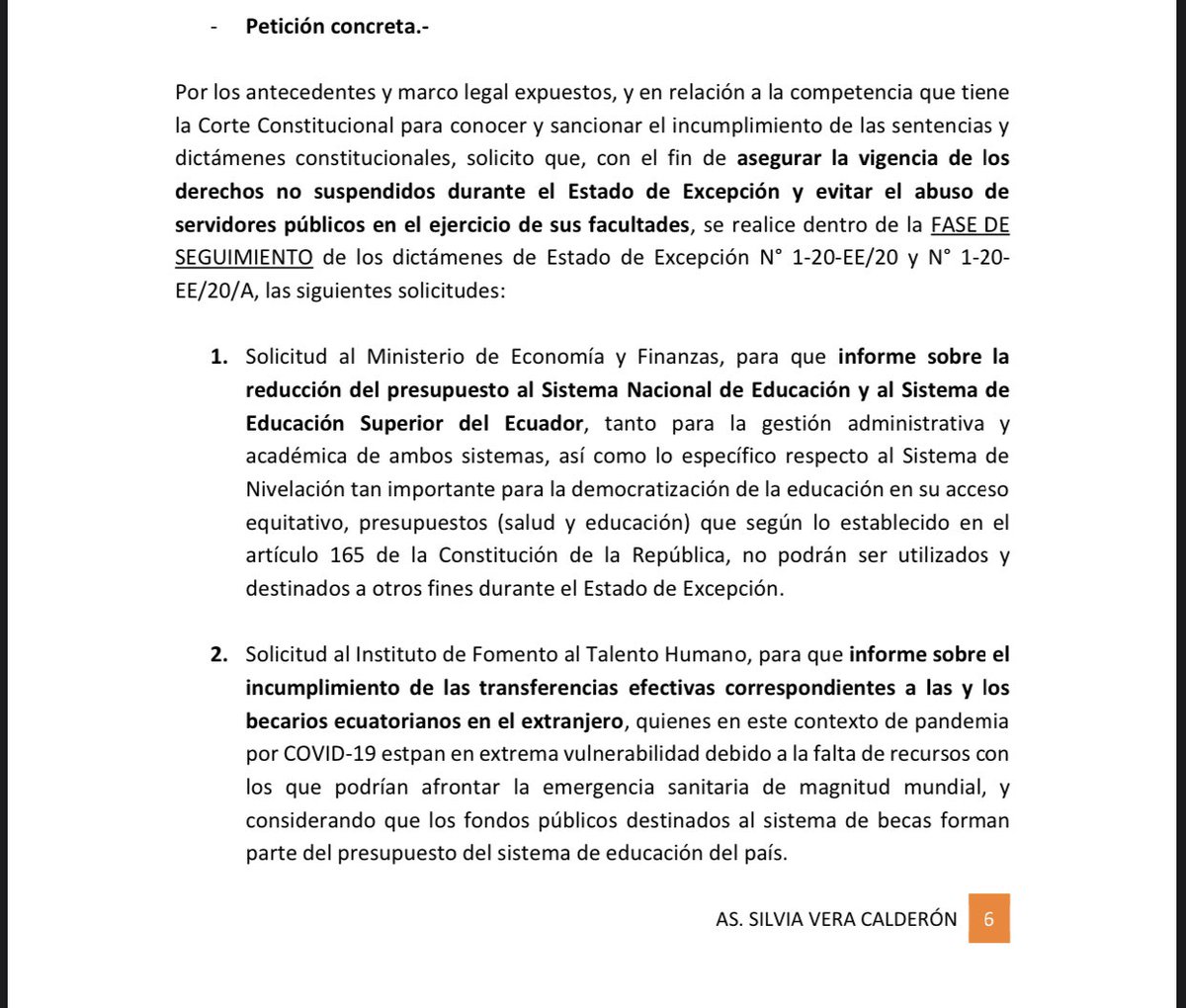 Silvia_VeraC's tweet photo. He solicitado a la @CorteConstEcu que, a fin de asegurar la vigencia de los derechos no suspendidos durante del Estado de Execepion, revise dentro de la Fase de seguimiento las actuaciones de @RichardM_A @FinanzasEc y @FomAcademico https://t.co/1fT4rxXzdL