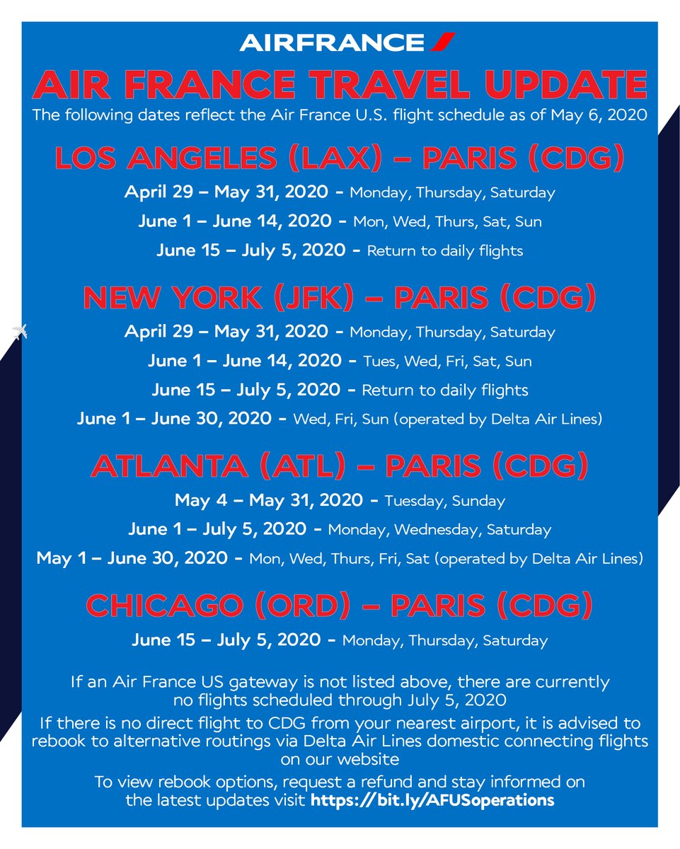 AirFranceUS's tweet photo. We are operating with reduced frequency from LAX, JFK and ATL to CDG until July 5. On June 15 we will resume daily flights from LAX and JFK and resume flights 3 times a week from ORD. For daily updates and up-to-date information visit https://t.co/Z4UP9Jh3me https://t.co/TILzWsMr3I