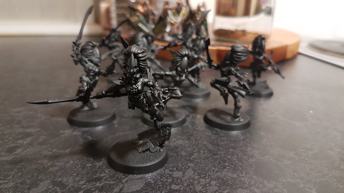 Primed with chaos black. As their armour will be primarily black I only gave them the thinnest prime for paint to adhere to. I'll be using Vallejo black to tidy up armour last anyway after all the messy details.  #WarhammerCommunity  #warhammer40k