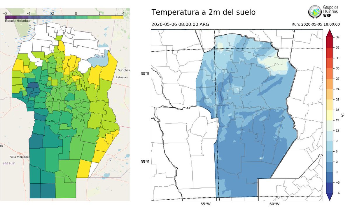 ❄️#heladas ❄️ | Una comparación entre dos productos parecidos (no equivalentes): temperatura de superficie de #GOES16 (izq) vs temperatura a 2m pronosticada con WRF (der). Datos provistos por el proyecto entre Instituto Gulich e <a href="/IntaManfredi/">INTA Manfredi</a> para el cinturón verde de @Cordoba!