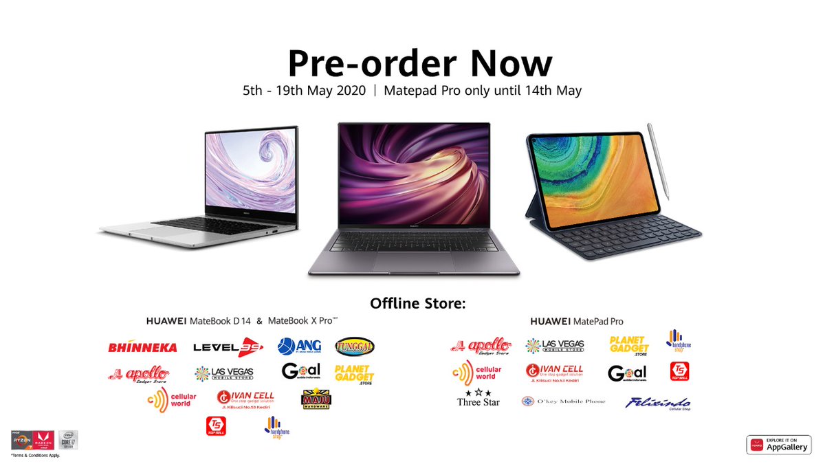 HuaweiMobileID's tweet photo. Saatnya kamu tunggu telah tiba! Ikuti Pre-Order MateBook X Pro, MateBook D 14 &amp; MatePad Pro hanya di Huawei High-End Experience Store &amp; Huawei Official Offline Store. Dapatkan sekarang juga! https://t.co/TjRk4Vgeu0