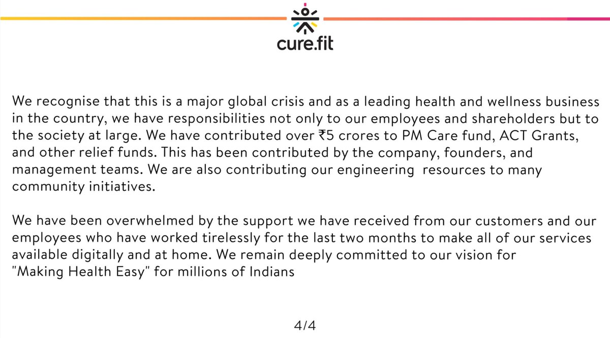 TalentPundit's tweet photo. Curefit Communication blunder : Inside the announcement of layoffs, Curefit talks about its Rs.5 crores! donation to PM Care Fund.. Check out the response it is getting
https://t.co/eGQBk2PA2p
#covid19 #curefit #layoff #communication #blunder @BeCureFit https://t.co/zVy3ANPT9h