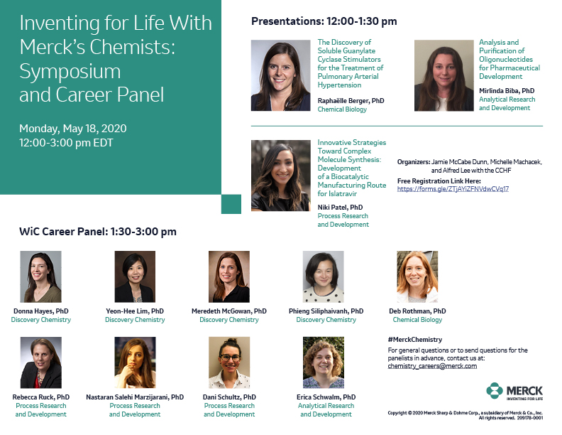 mccabedunn's tweet photo. I'm excited to announce our inaugural virtual event 'Inventing for Life With Merck’s Chemists: Symposium and Career Panel.' Hope to 'see' you on May 18th! 
Free Registration Link Here: https://t.co/bLSaRVsytl 
@Ruck_chem @danithechemist @Raph_B_NYC @Nastaran198 @alchemistyhl https://t.co/XnFlYEIhca