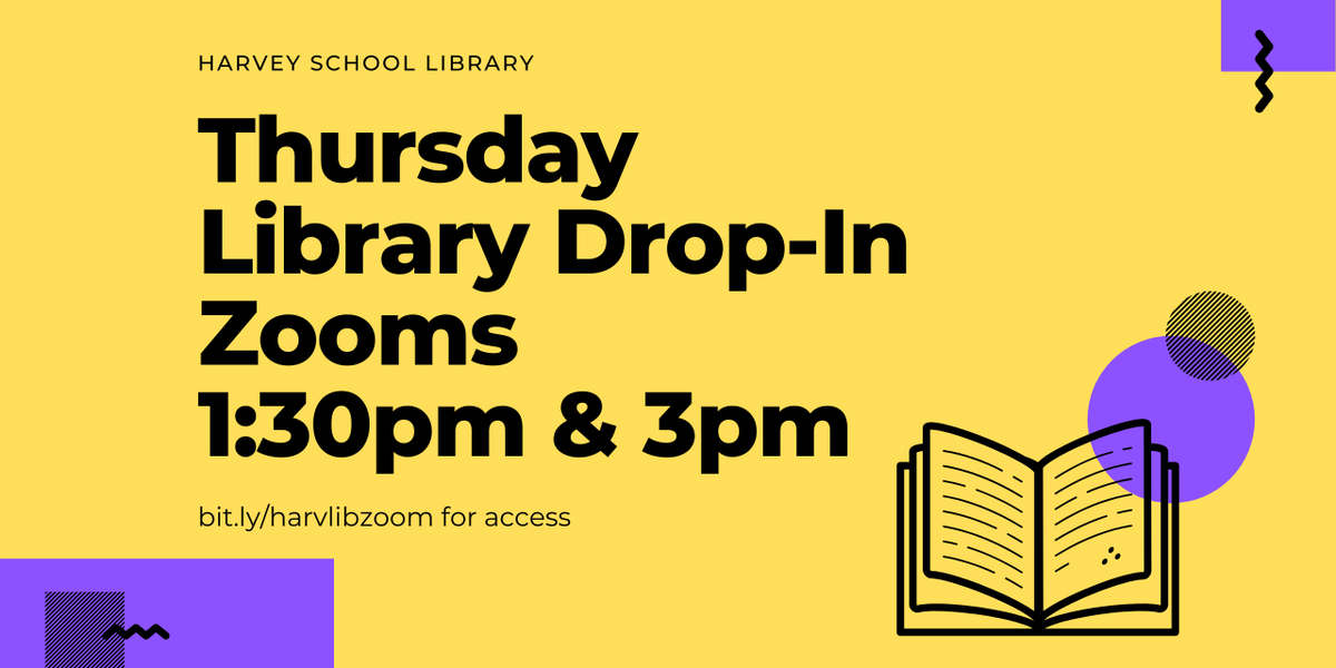 Visit the library on Zoom tomorrow at 1:30pm and 3:00pm! Access: bit.ly/harvlibzoom